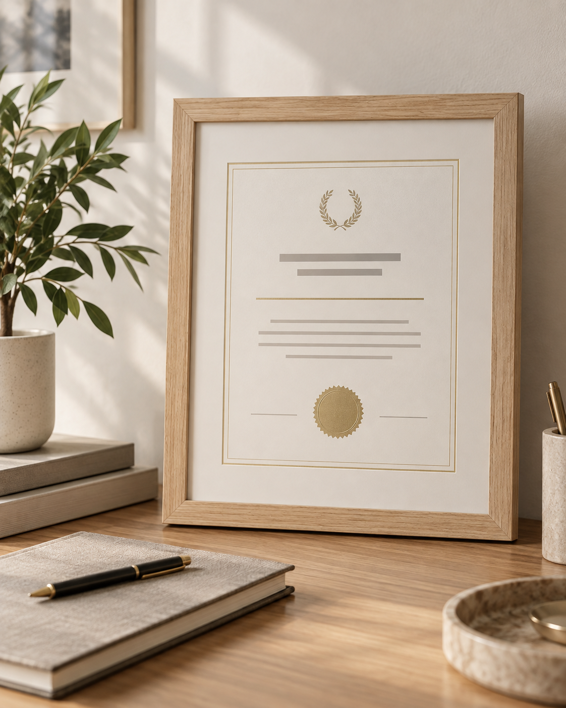 An unbranded framed learning certificate on a desk