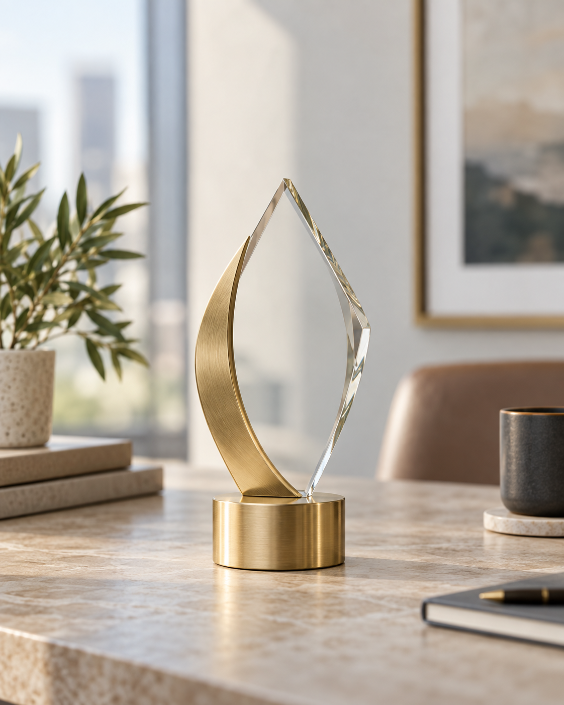 An unbranded recognition trophy on a desk